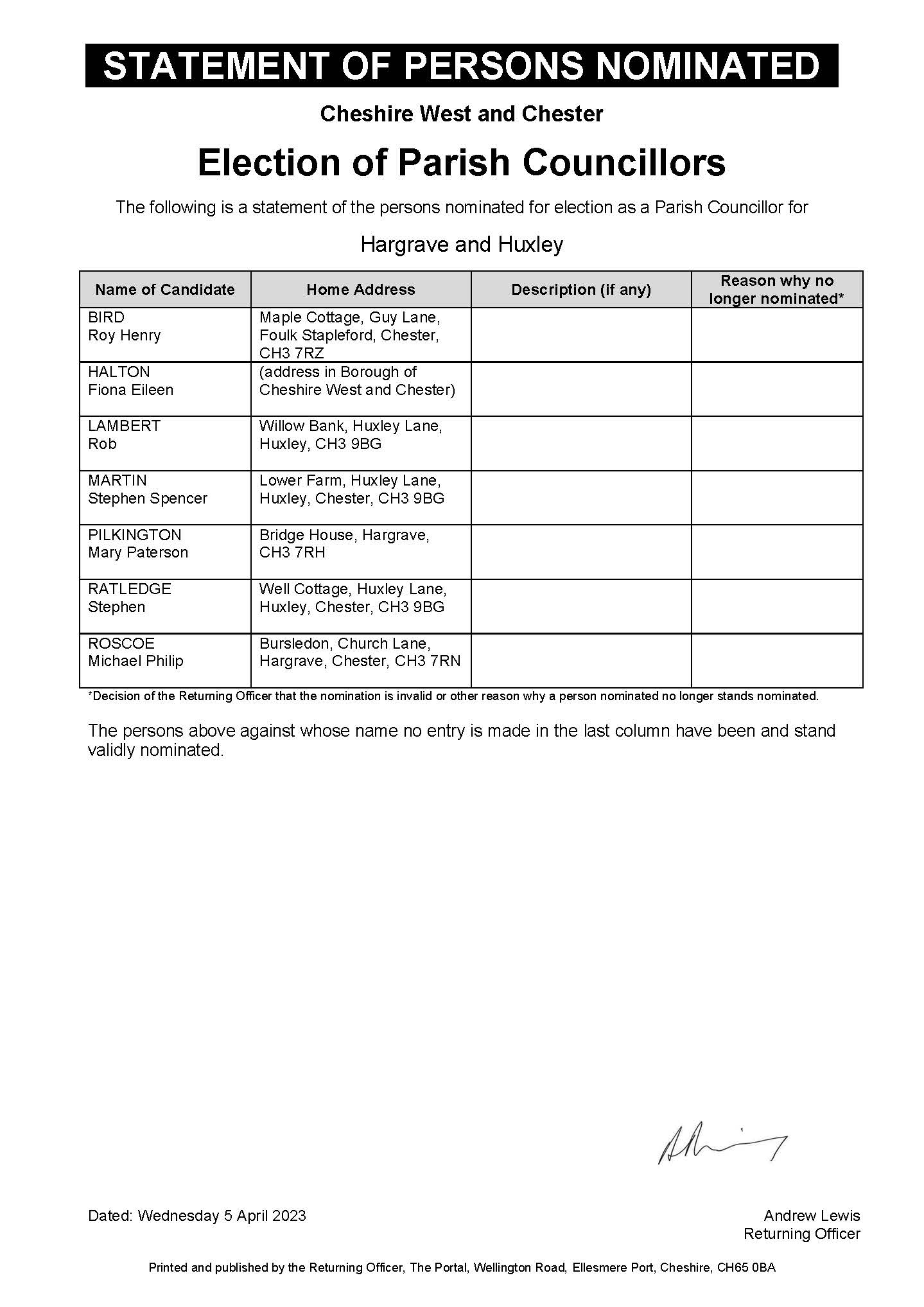 Statement of Persons Nominated - Thursday 4th May 2023