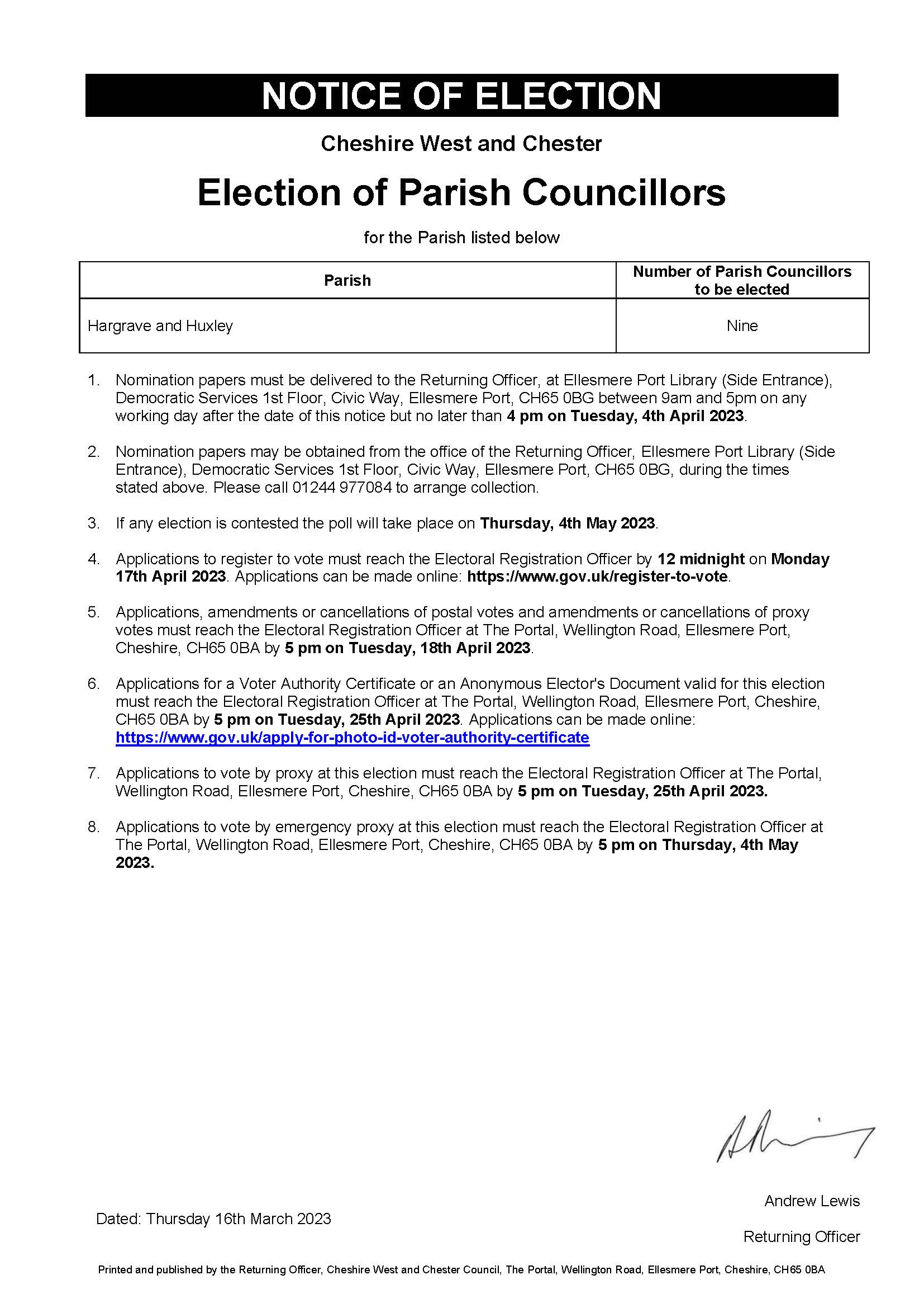 Notice of Election of Parish Council